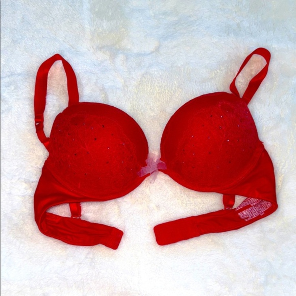 Victorias Secret Red Lace Rhinestone Plunge Bra 34A Bombshell Sparkle 36010058